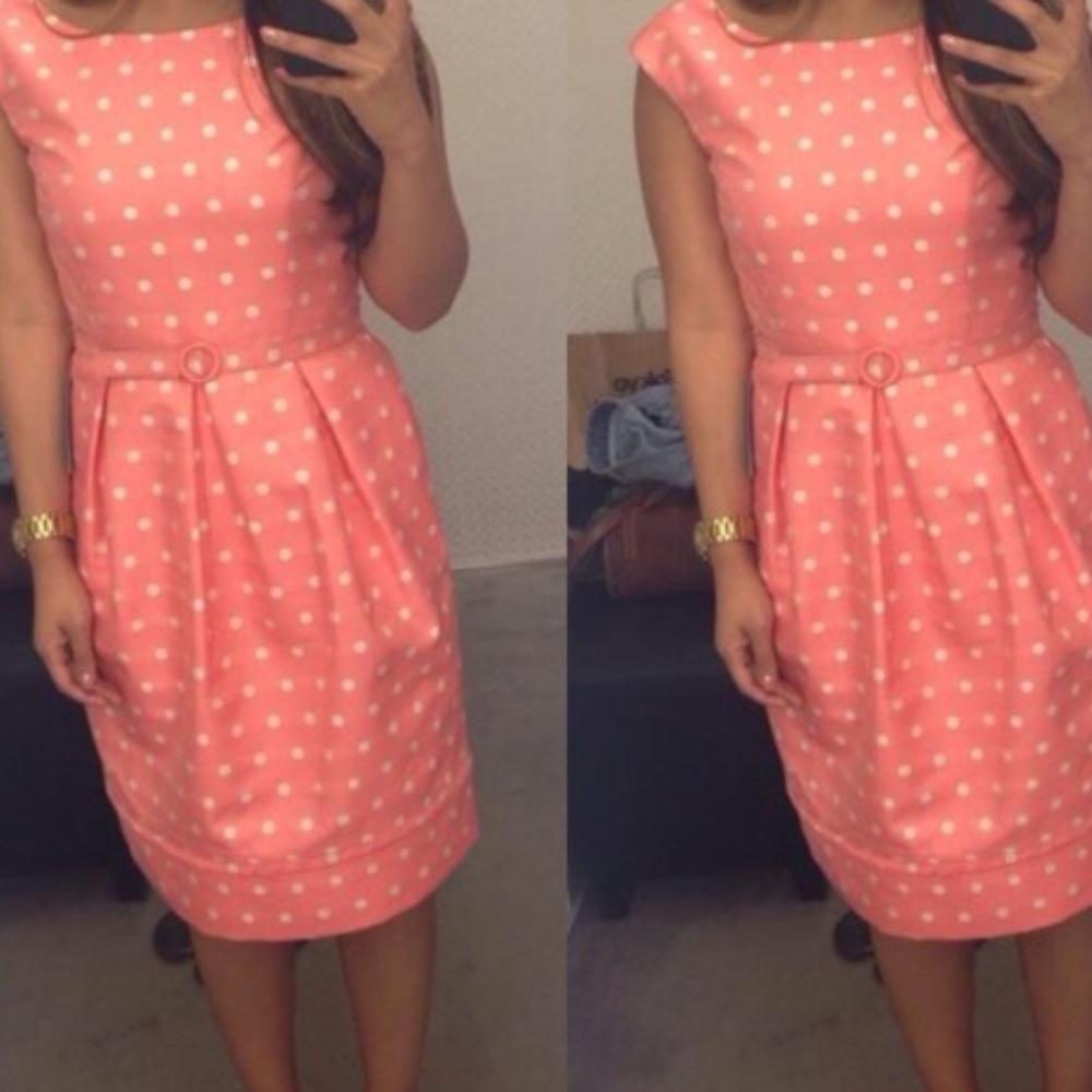 Eliza J pink dress with white polka dots.